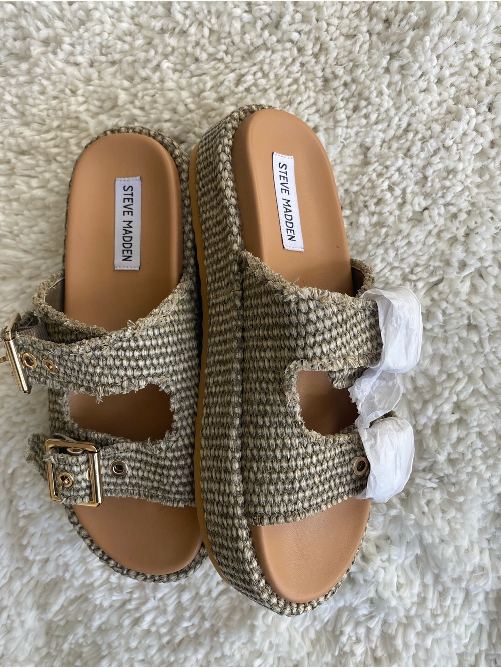 Steve Madden Beige Woven Double-Buckle Platform Mules - Picture 6 of 7
